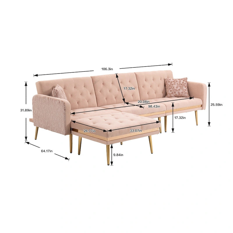 Canapé d'angle convertible capitonné en polyester avec ottoman