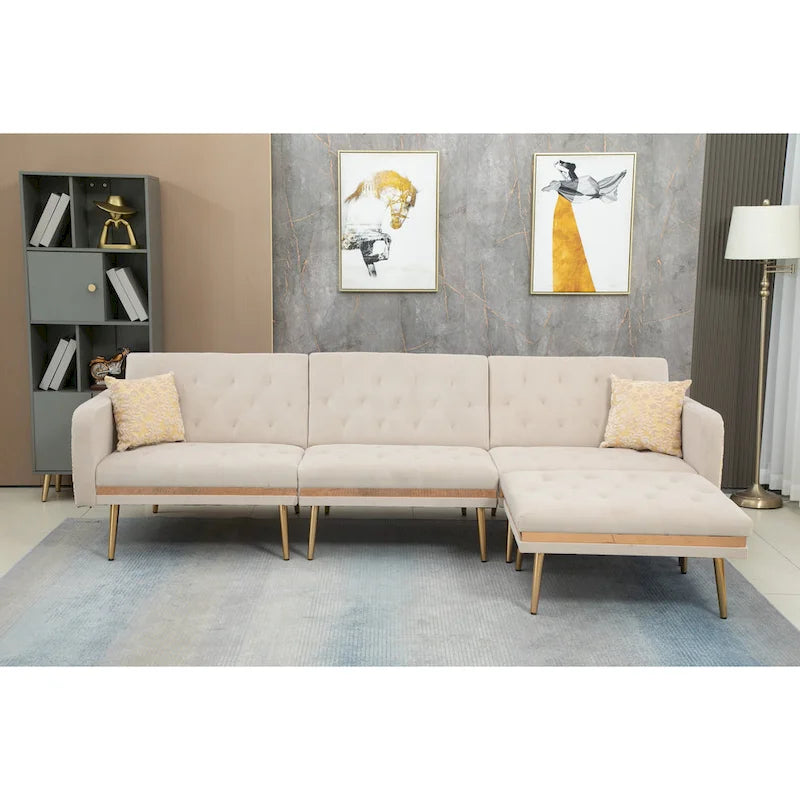 Canapé d'angle convertible capitonné en polyester avec ottoman
