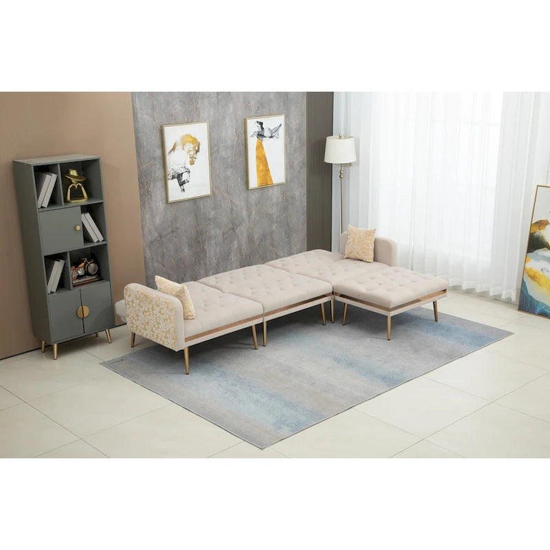 Canapé d'angle convertible capitonné en polyester avec ottoman