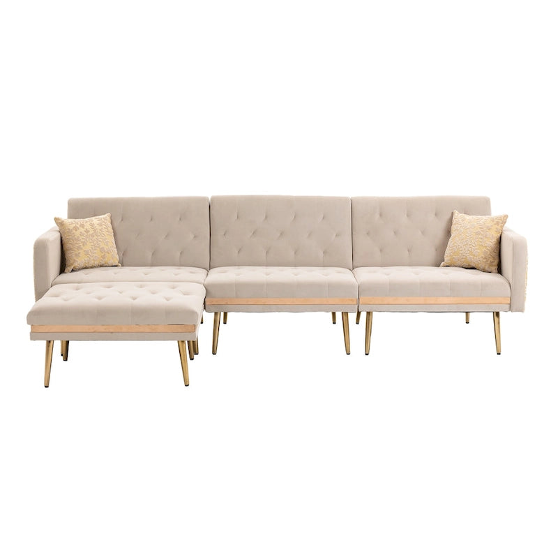 Canapé d'angle convertible capitonné en polyester avec ottoman
