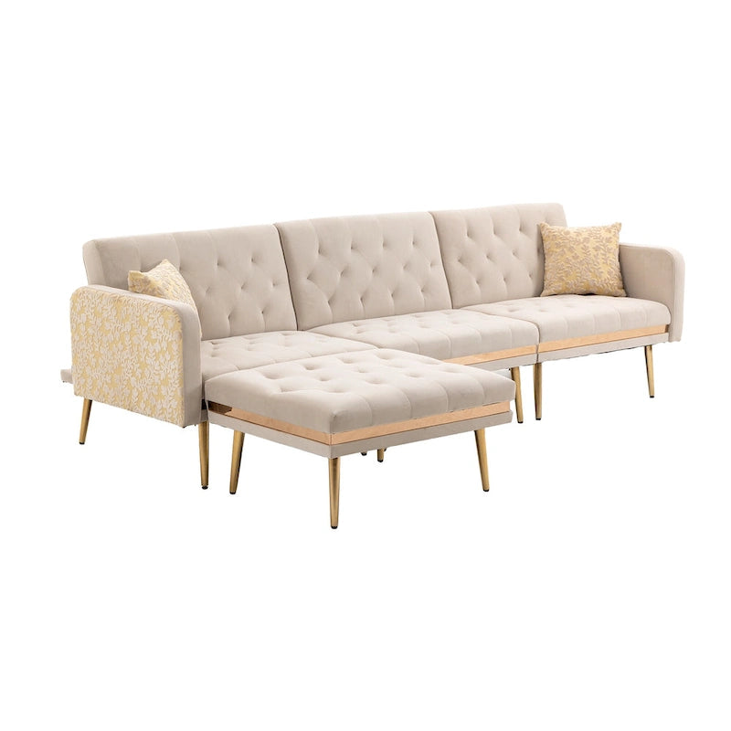 Canapé d'angle convertible capitonné en polyester avec ottoman