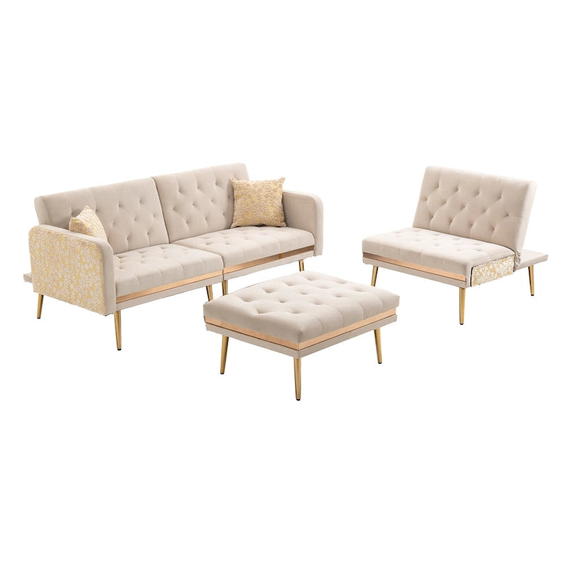 Canapé d'angle convertible capitonné en polyester avec ottoman
