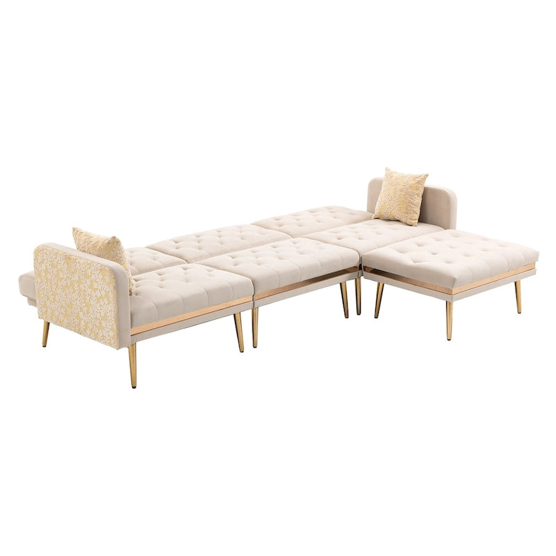 Canapé d'angle convertible capitonné en polyester avec ottoman
