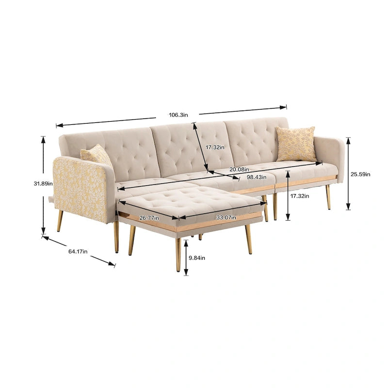 Canapé d'angle convertible capitonné en polyester avec ottoman