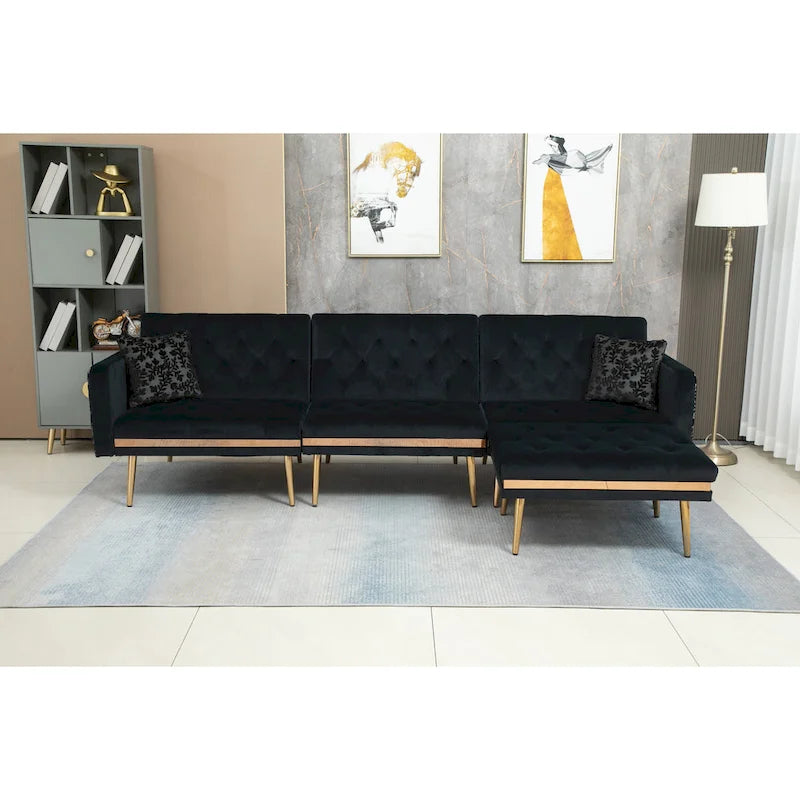 Canapé d'angle convertible capitonné en polyester avec ottoman