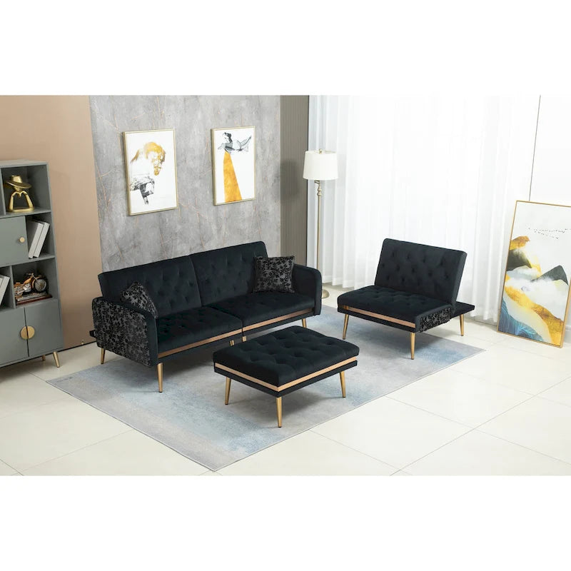 Canapé d'angle convertible capitonné en polyester avec ottoman