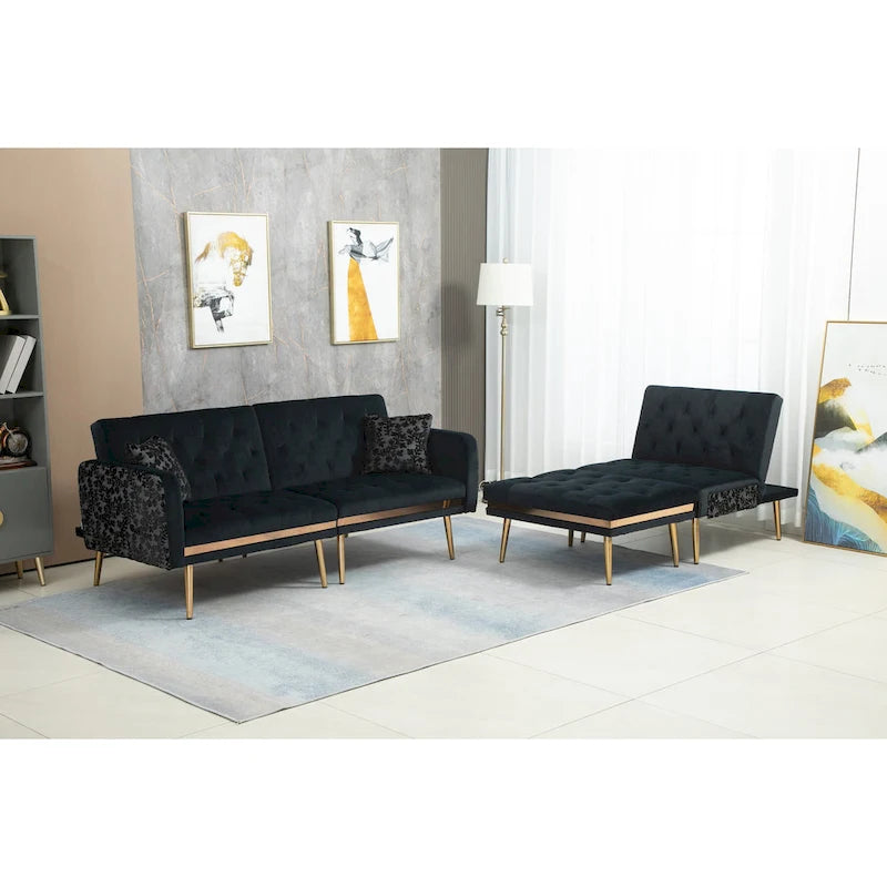 Canapé d'angle convertible capitonné en polyester avec ottoman
