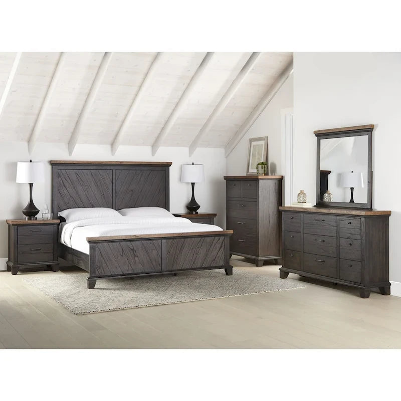 Lit à panneau rustique en bois d'acacia avec des sculptures en V, taille Queen