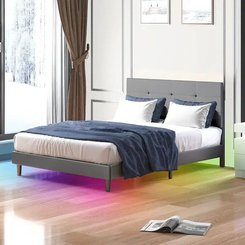 Cadre de lit avec lumières LED RGB et tête de lit capitonnée, capacité de 250 kg
