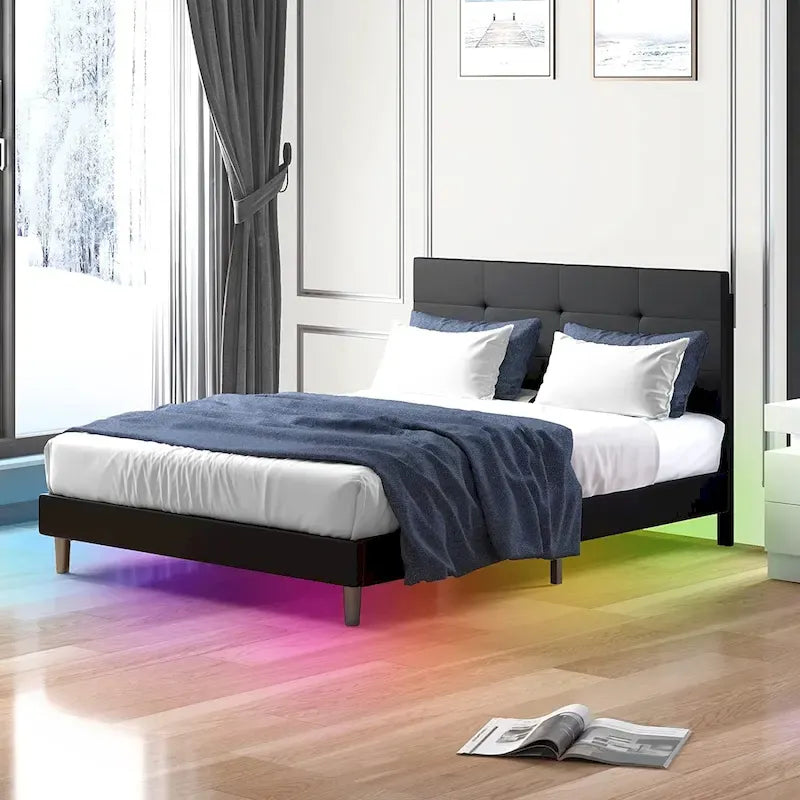 Cadre de lit avec lumières LED RGB et tête de lit capitonnée, capacité de 250 kg