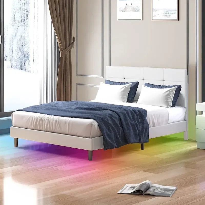 Cadre de lit avec lumières LED RGB et tête de lit capitonnée, capacité de 250 kg