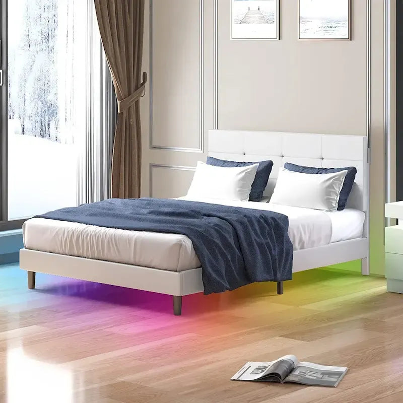 Cadre de lit avec lumières LED RGB et tête de lit capitonnée, capacité de 250 kg