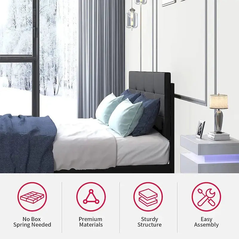 Cadre de lit avec lumières LED RGB et tête de lit capitonnée, capacité de 250 kg