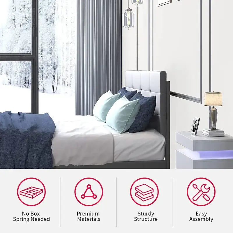 Cadre de lit avec lumières LED RGB et tête de lit capitonnée, capacité de 250 kg