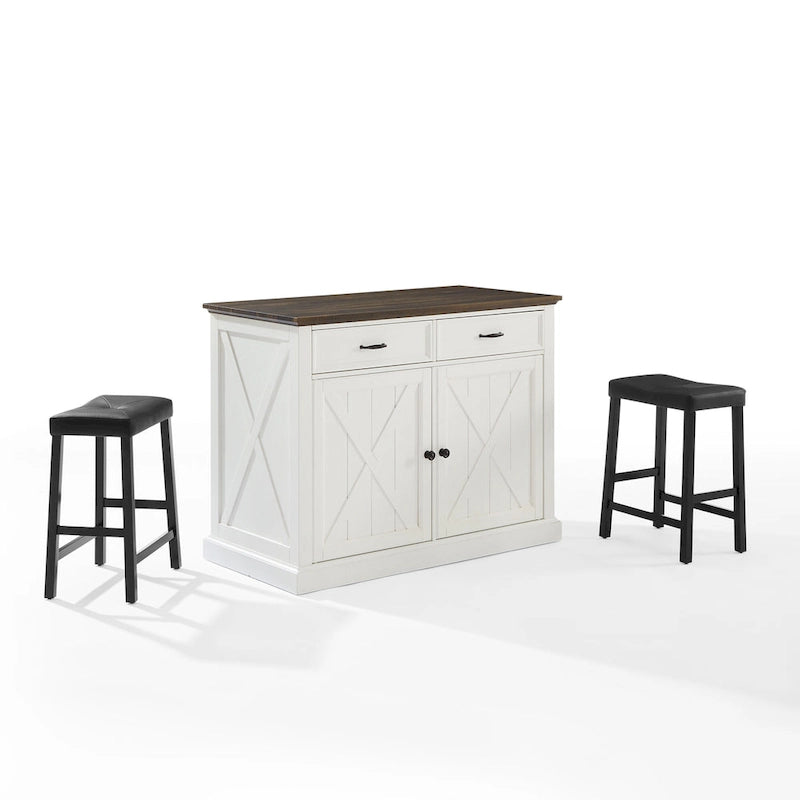 Îlot de cuisine avec tabourets de bar, comptoir en faux bois et étagères réglables