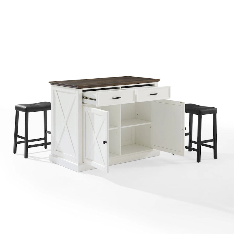 Îlot de cuisine avec tabourets de bar, comptoir en faux bois et étagères réglables