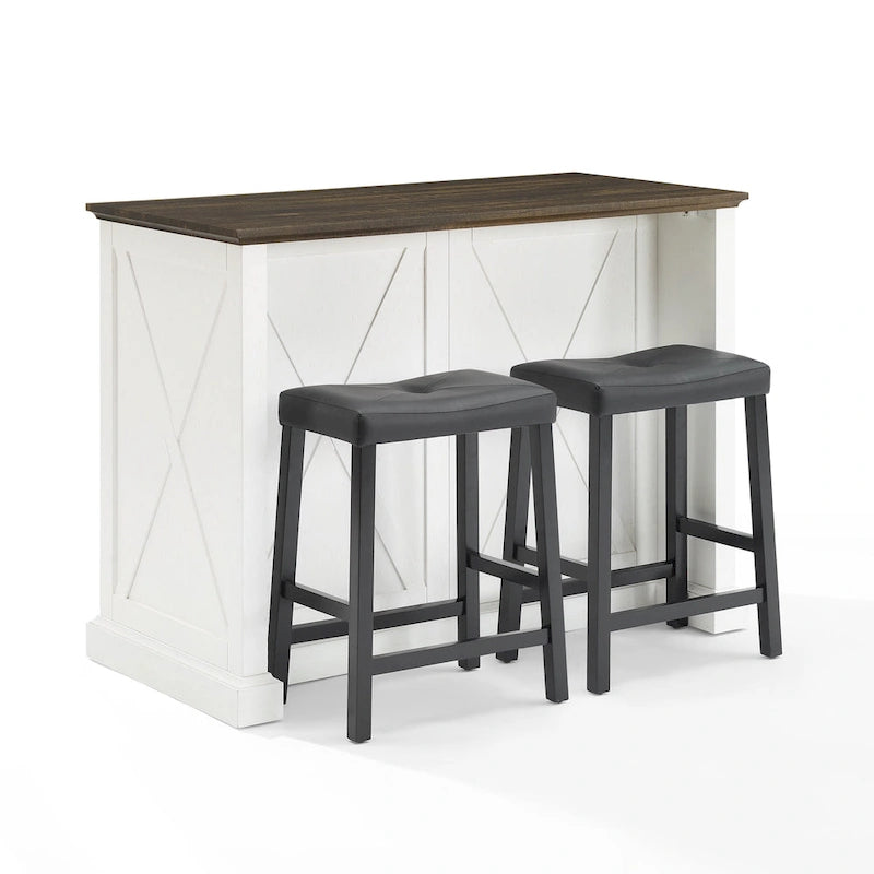 Îlot de cuisine avec tabourets de bar, comptoir en faux bois et étagères réglables