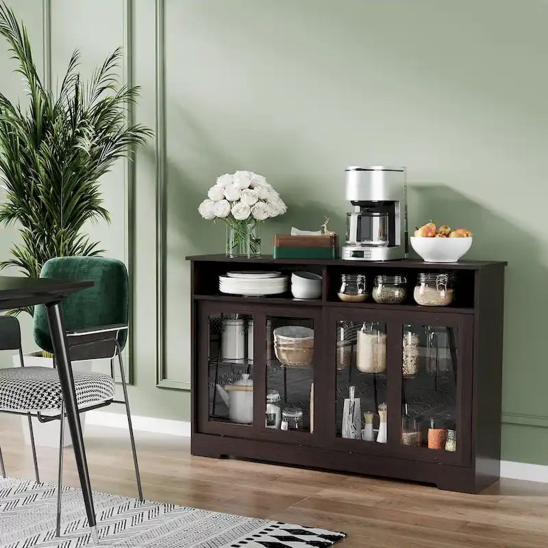 Bahut de cuisine moderne brun foncé avec portes coulissantes en verre et étagère réglable