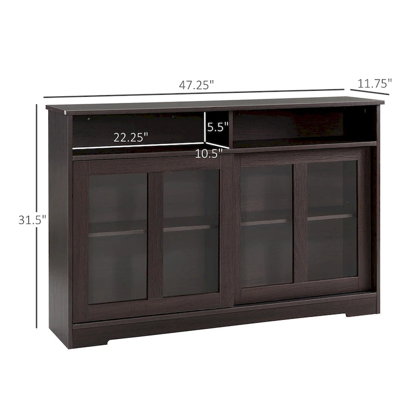 Bahut de cuisine moderne brun foncé avec portes coulissantes en verre et étagère réglable