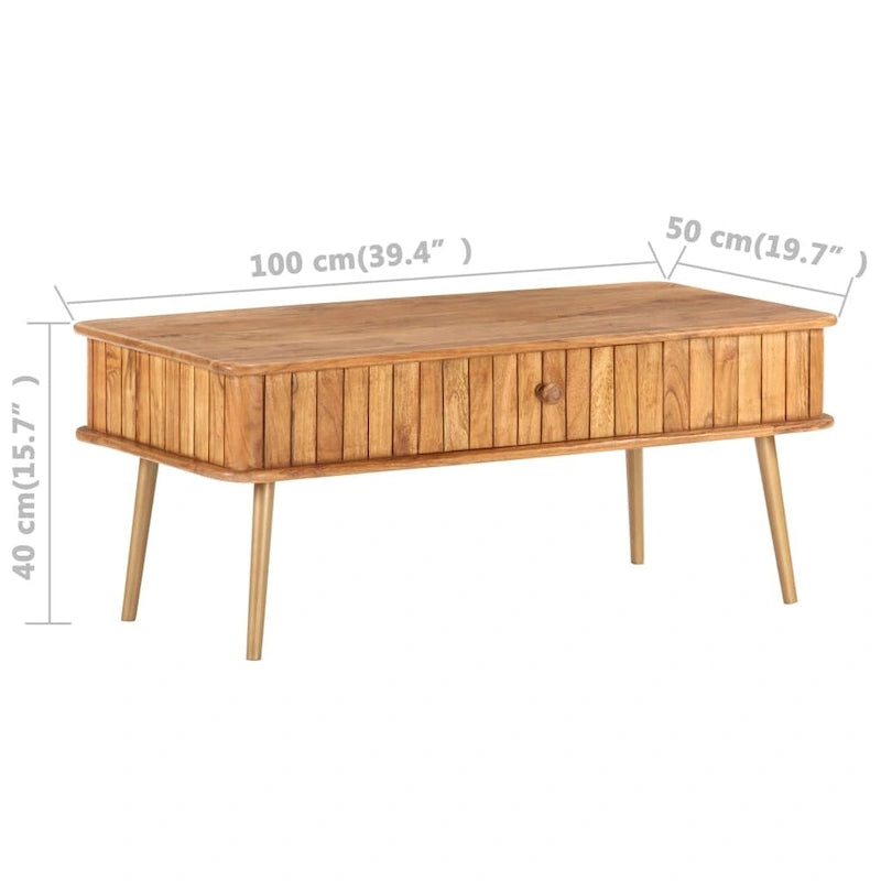 Table basse en bois d'acacia massif 39.4x19.7x15.7 avec pieds en fer et tiroir
