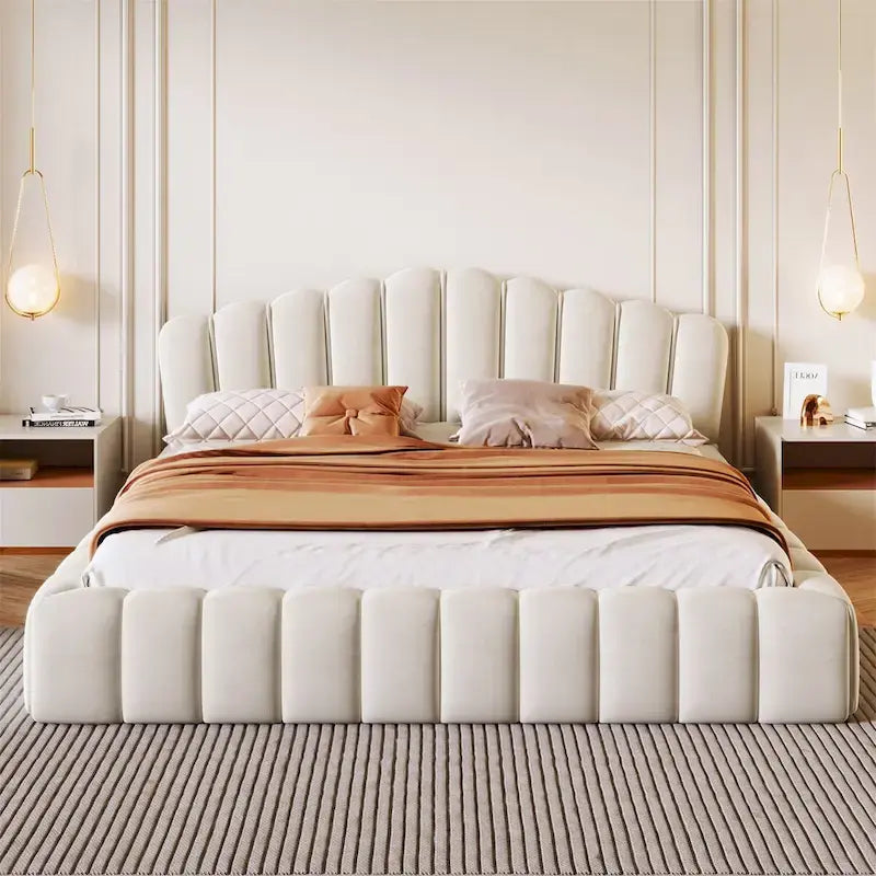 Lit Queen avec revêtement en velours et tête de lit en forme de coquille, 227 kg