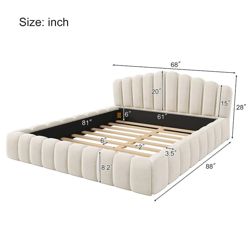 Lit Queen avec revêtement en velours et tête de lit en forme de coquille, 227 kg