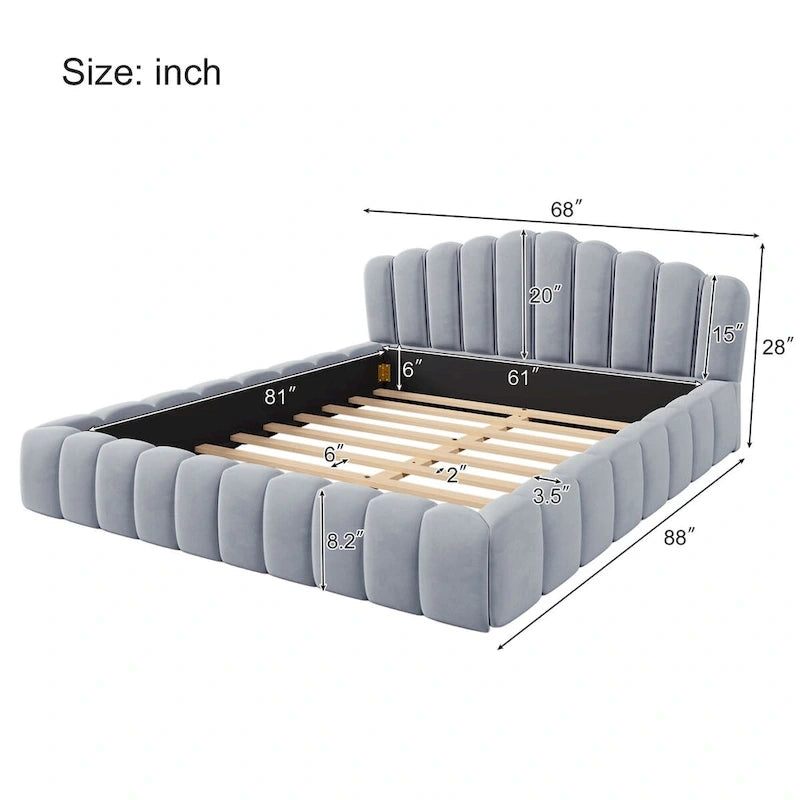 Lit Queen avec revêtement en velours et tête de lit en forme de coquille, 227 kg