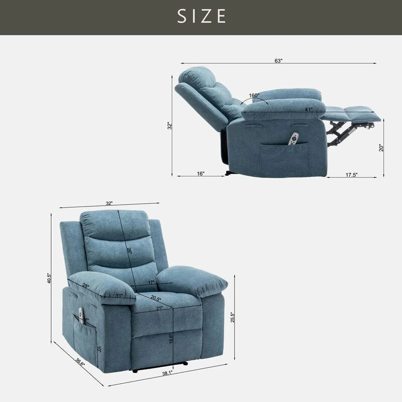 Fauteuil inclinable électrique avec massage, chauffage et inclinaison à 160°, revêtement en velours