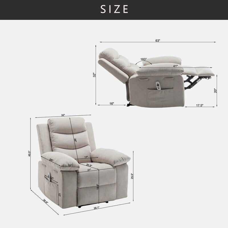 Fauteuil inclinable électrique avec massage, chauffage et inclinaison à 160°, revêtement en velours