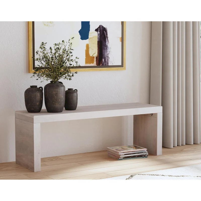 Banc de 51 pouces en bois de manguier massif, finition sable blanc, capacité de 136 kg