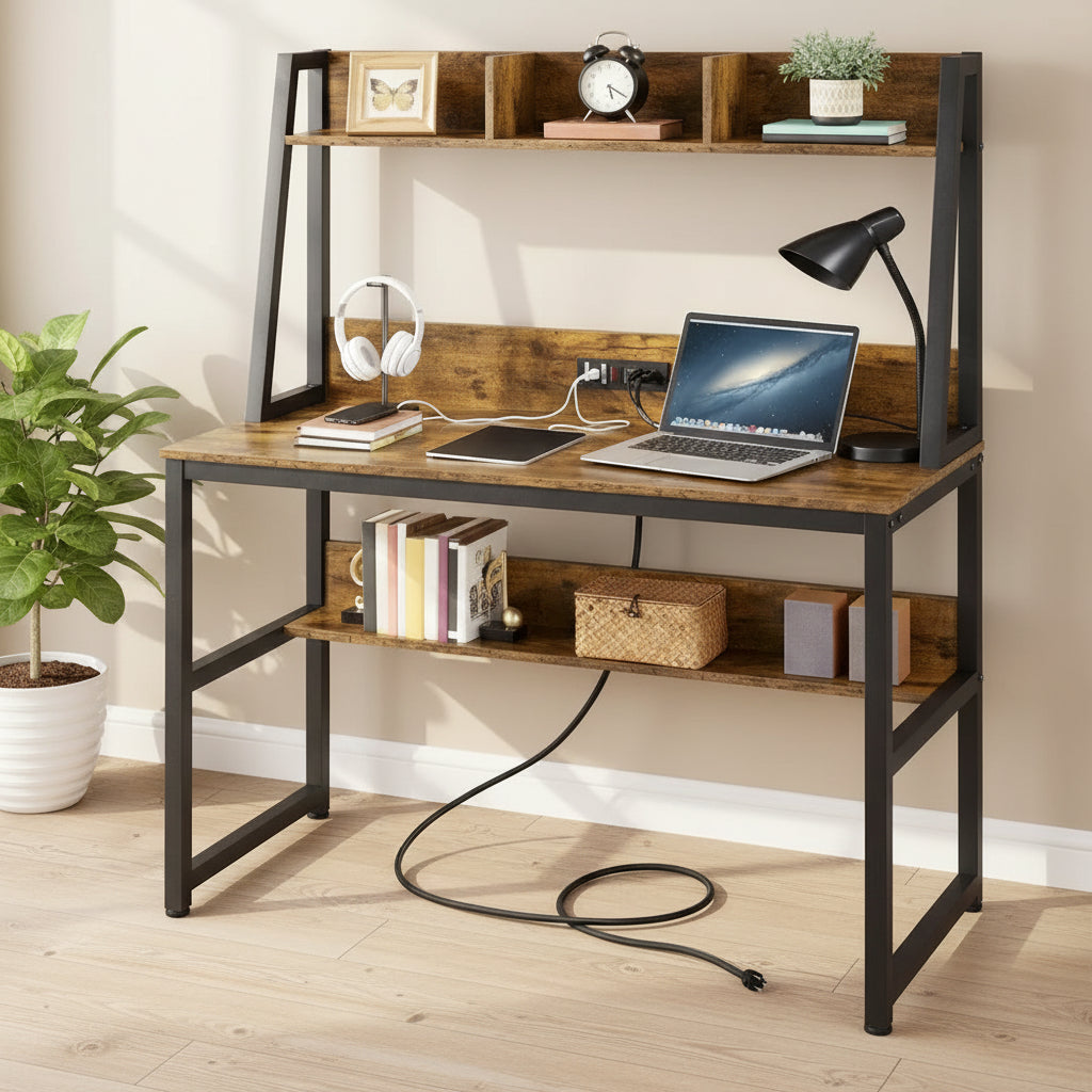 Yaheetech 47.5-inch Home Office Computer Desk with Power Outlet and Elevated Bookshelf
