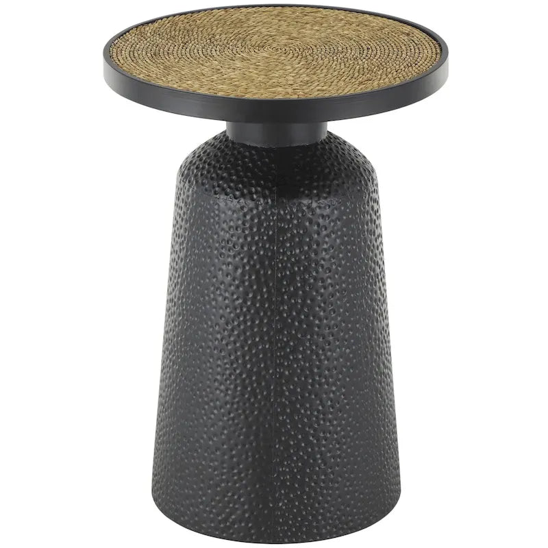 Table d'appoint en métal noir fabriquée à la main avec plateau en corde, style bohème