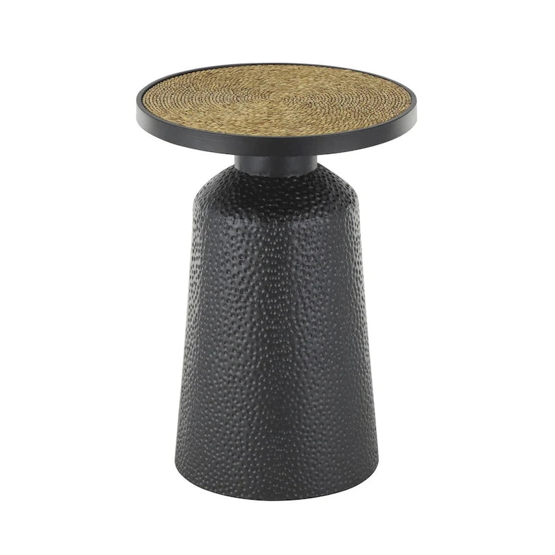 Table d'appoint en métal noir fabriquée à la main avec plateau en corde, style bohème