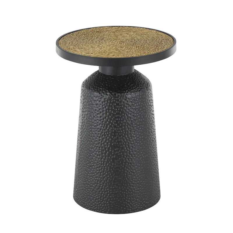 Table d'appoint en métal noir fabriquée à la main avec plateau en corde, style bohème