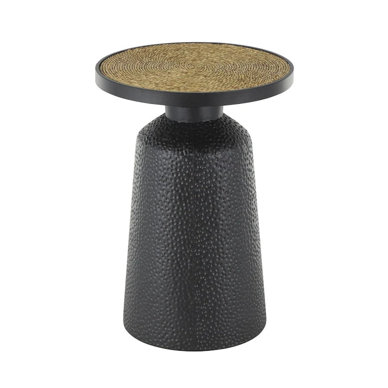 Table d'appoint en métal noir fabriquée à la main avec plateau en corde, style bohème