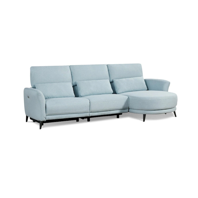 Canapé-méridienne bleu clair avec fauteuil inclinable électrique à droite