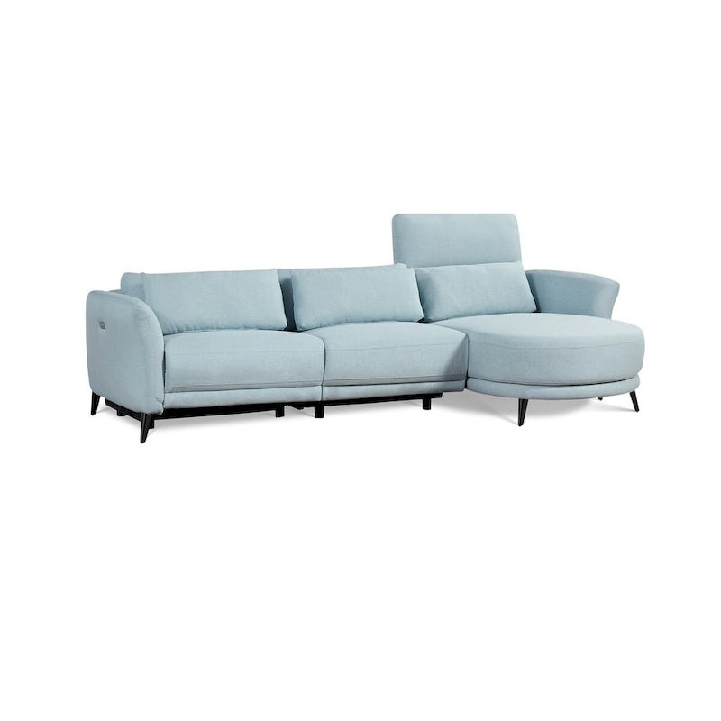 Canapé-méridienne bleu clair avec fauteuil inclinable électrique à droite